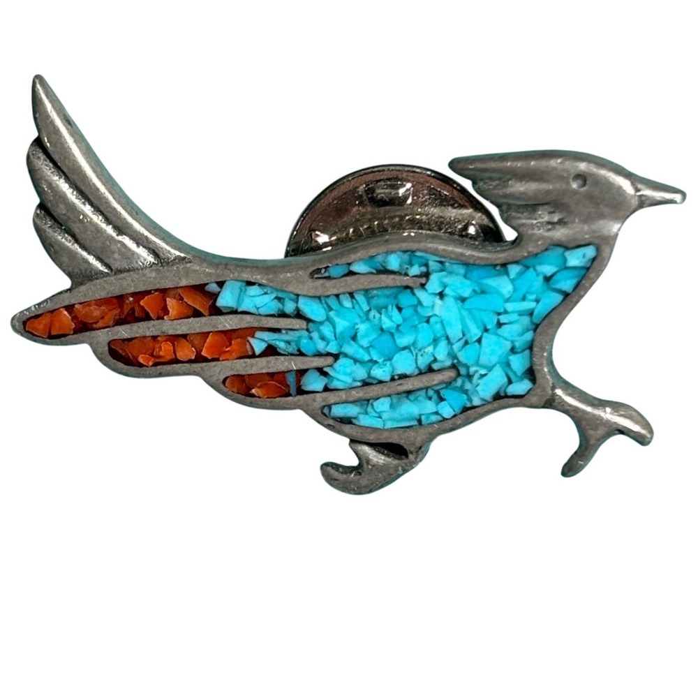Vintage Southwestern Roadrunner Pin Silver Tone Turquoise Coral Mosaic Inlay